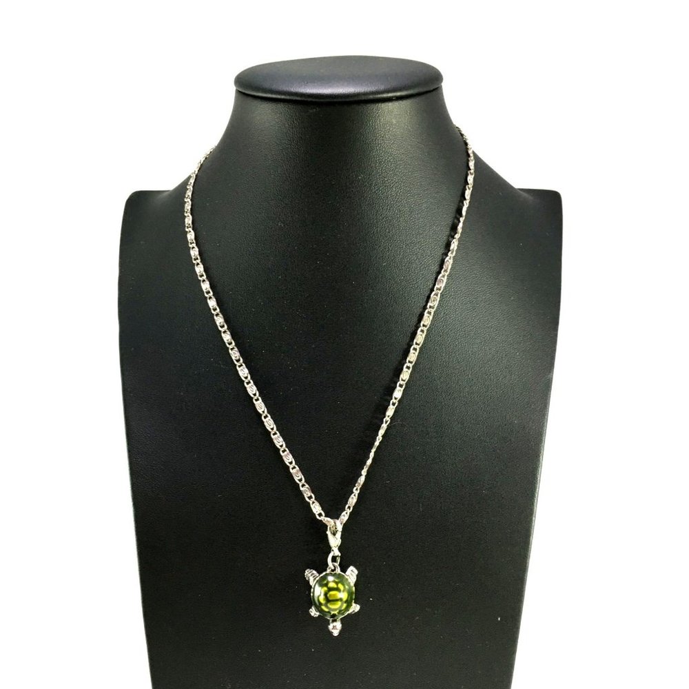 Silver Tone Tortoise Turtle Pendant with Green Enamel on the Shell + Chain